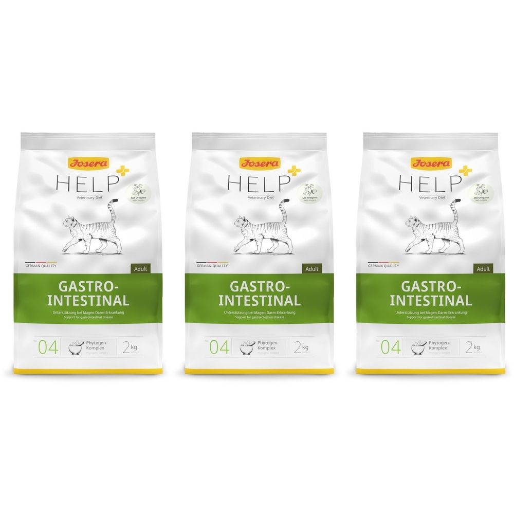 Trois sacs de nourriture pour animaux. Inscription : Josera HELP GASTRO-INTESTINAL. Sacs blancs avec bande verte et image de chat.