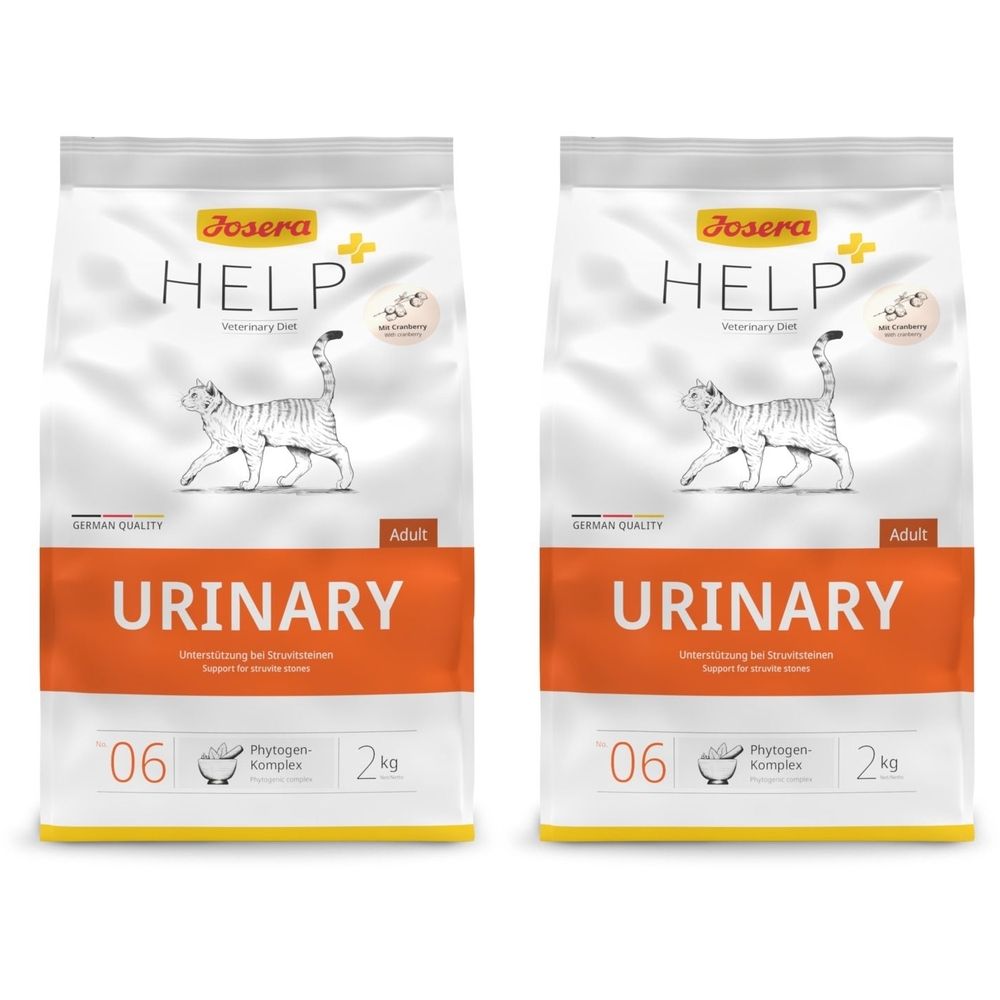 Twee zakken kattenvoer. Opschrift Josera Help Urinary. Illustratie van een kat. Oranje strook met opschrift Urinary. 2 kg.