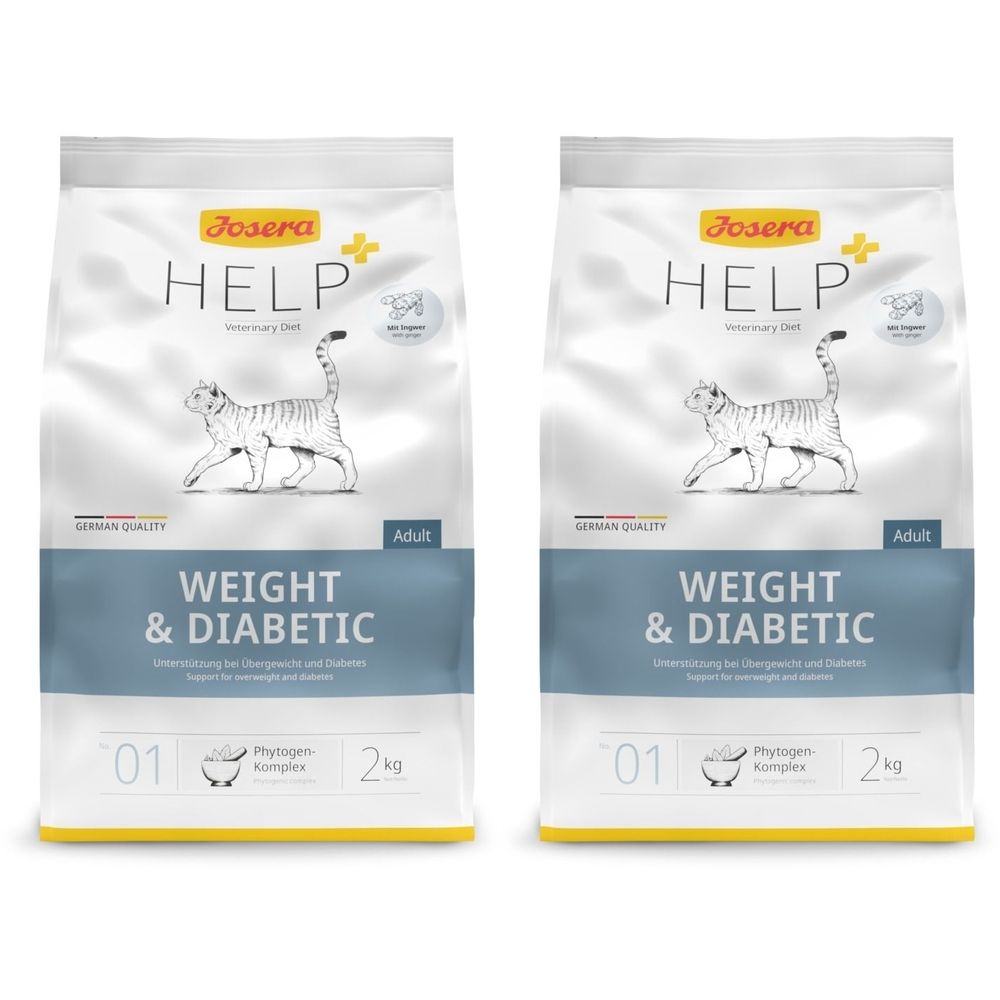 Twee zakken Josera Help Weight & Diabetic Katze. Opschrift: Help, Weight & Diabetic, 2 kg, Adult. Met kattenafbeelding.