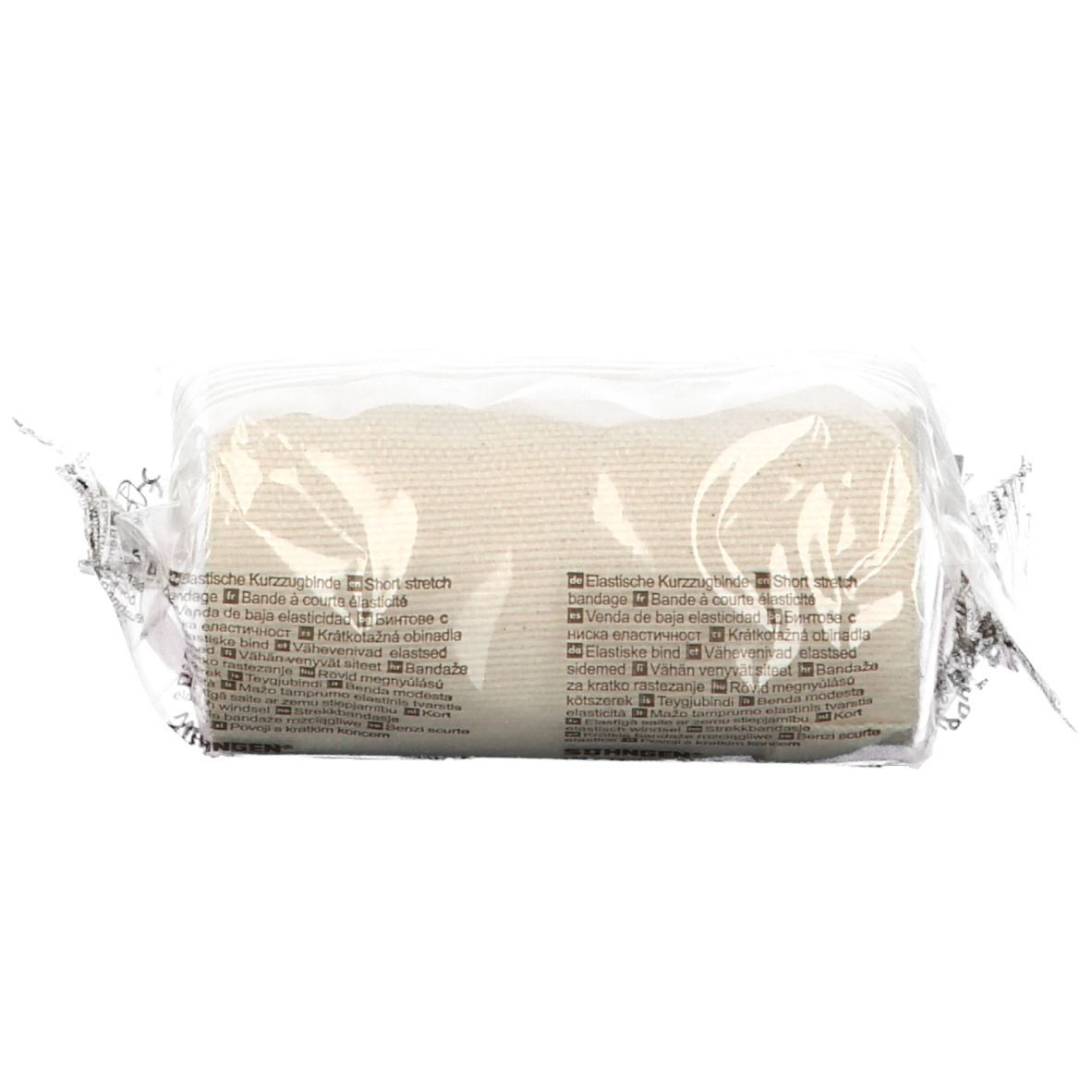 Bande élastique à allongement court dans un emballage plastique. Produit emballé dans du film plastique. Inscription sur l'emballage.
