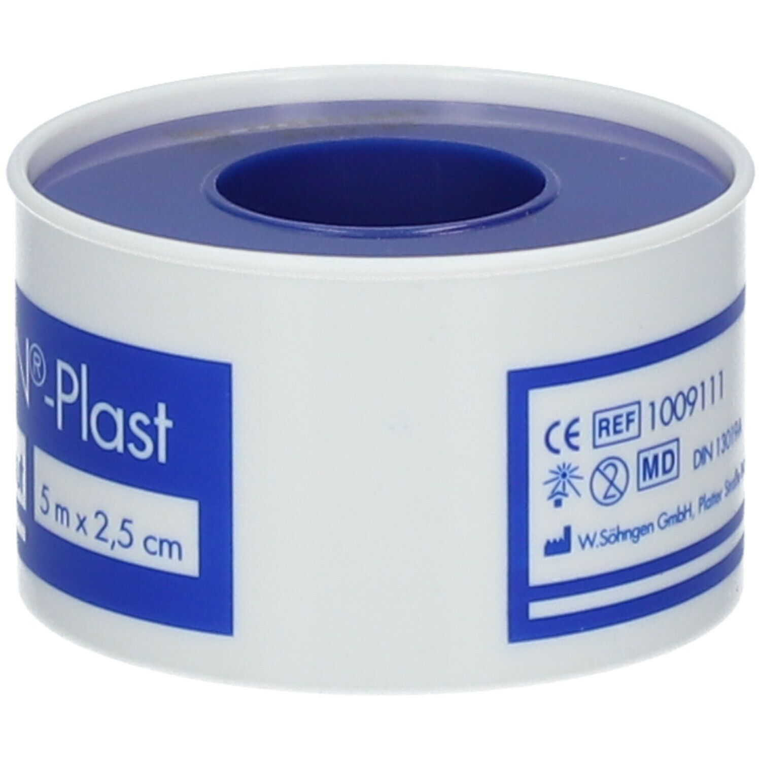 Rouleau SÖHNGEN®-Plast. Emballage blanc et bleu. Inscription : pour peau normale, 5 m x 2,5 cm. Marquage CE.