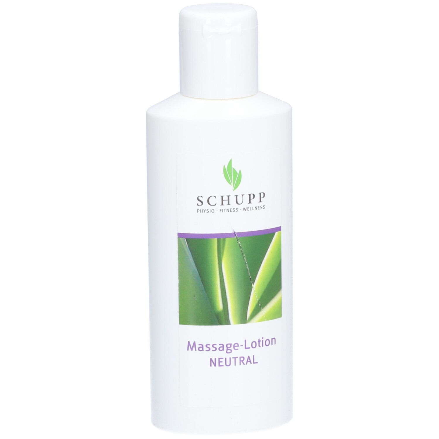 Witte fles met SCHUPP logo en aloë vera afbeelding. Massage-lotion NEUTRAAL.