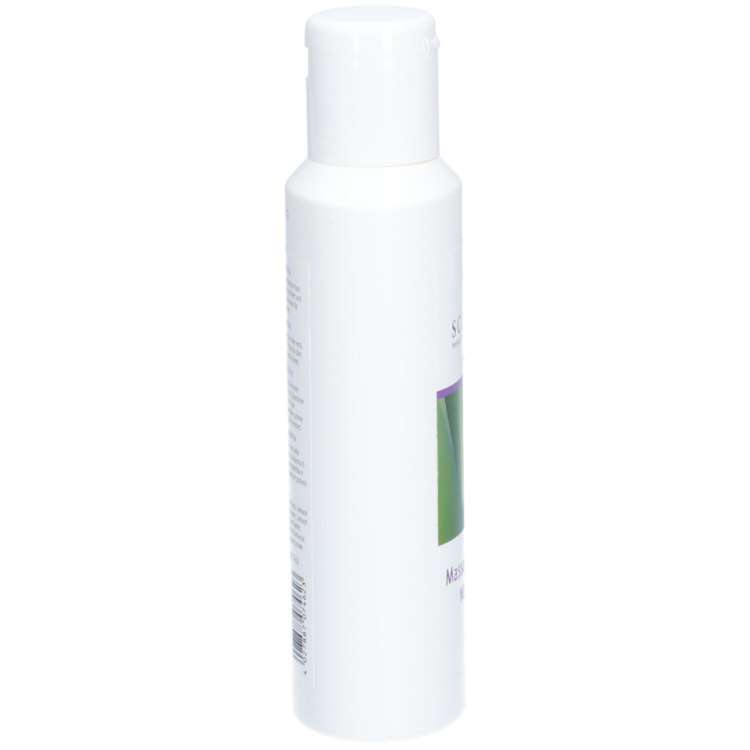 Zijaanzicht van een witte fles SCHUPP Massage-lotion NEUTRAAL.