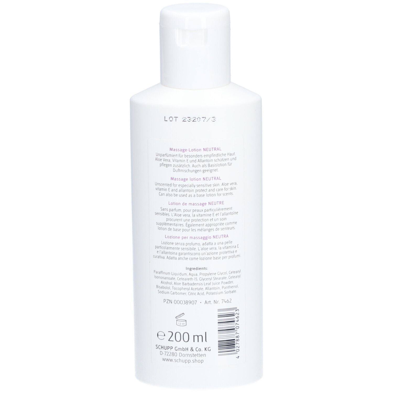 Achterkant van een witte fles met productinformatie en 200ml vermelding. SCHUPP Massage-lotion NEUTRAAL.