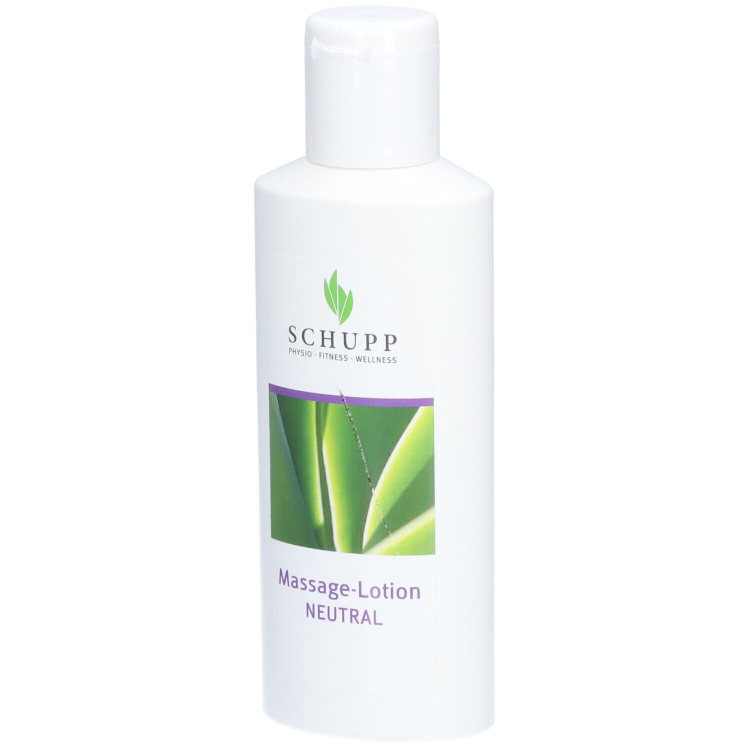 Witte fles met SCHUPP logo en aloë vera afbeelding. Massage-lotion NEUTRAAL.