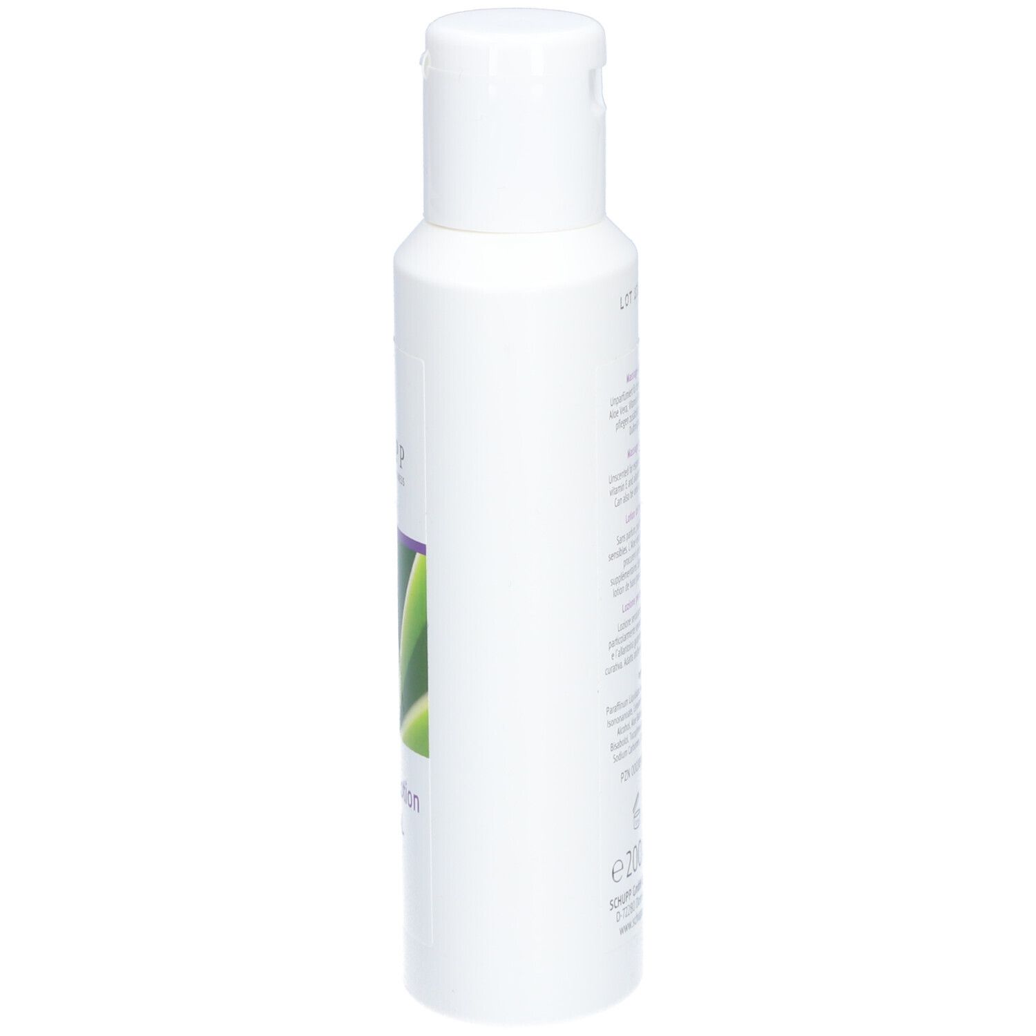 Zijaanzicht van een witte fles SCHUPP Massage-lotion NEUTRAAL.