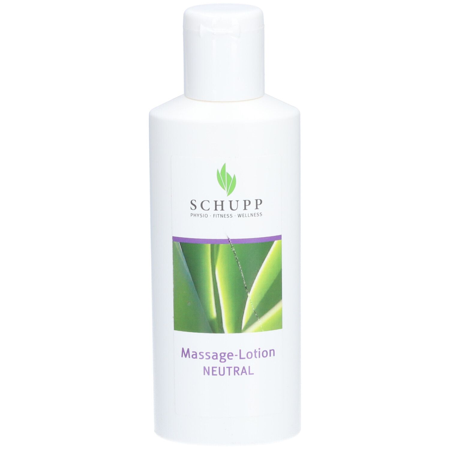 Witte fles met SCHUPP logo en aloë vera afbeelding. Massage-lotion NEUTRAAL.