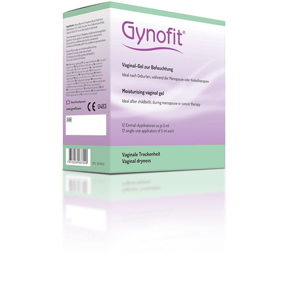 Gynofit Vaginal-Gel verpakking met 12 enkele applicators, voor vaginale droogheid.