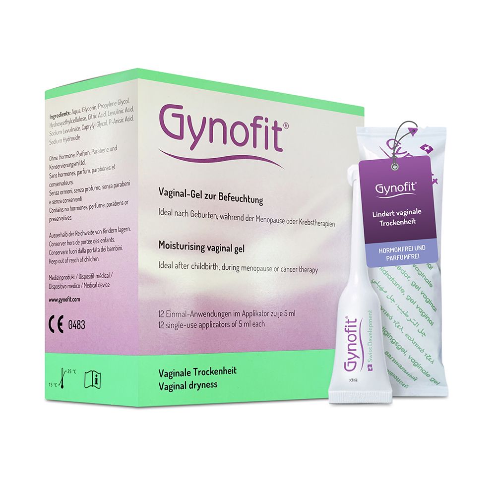 Gynofit Vaginal-Gel verpakking met 12 enkele applicators en één losse applicator.