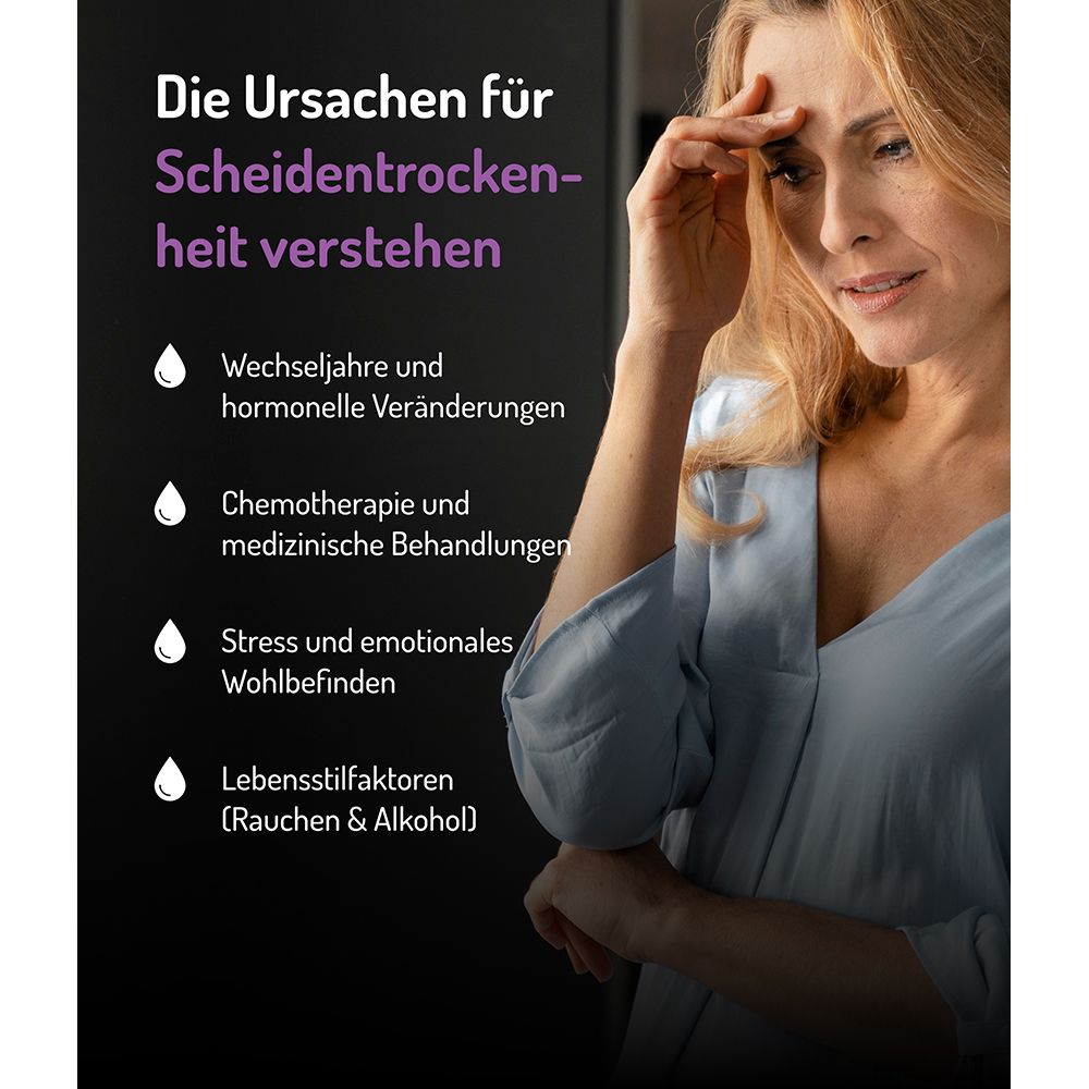 Oorzaken van vaginale droogheid: Menopauze, chemo, stress, levensstijl. Bezorgde vrouw.