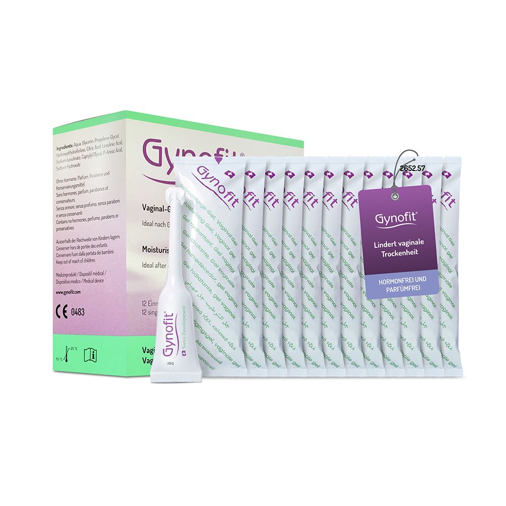 Gynofit Vaginal-Gel verpakking met 12 enkele applicators, waarvan één zichtbaar.