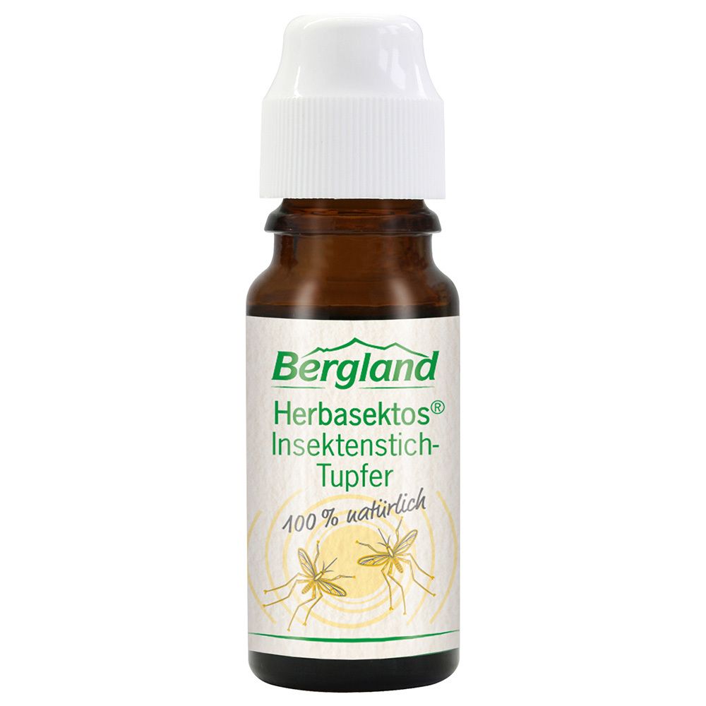 Bergland Herbasektos® Insektenstich-Tupfer: Bruine glazen fles met witte druppeldop. Etiket met Bergland-logo en productnaam.