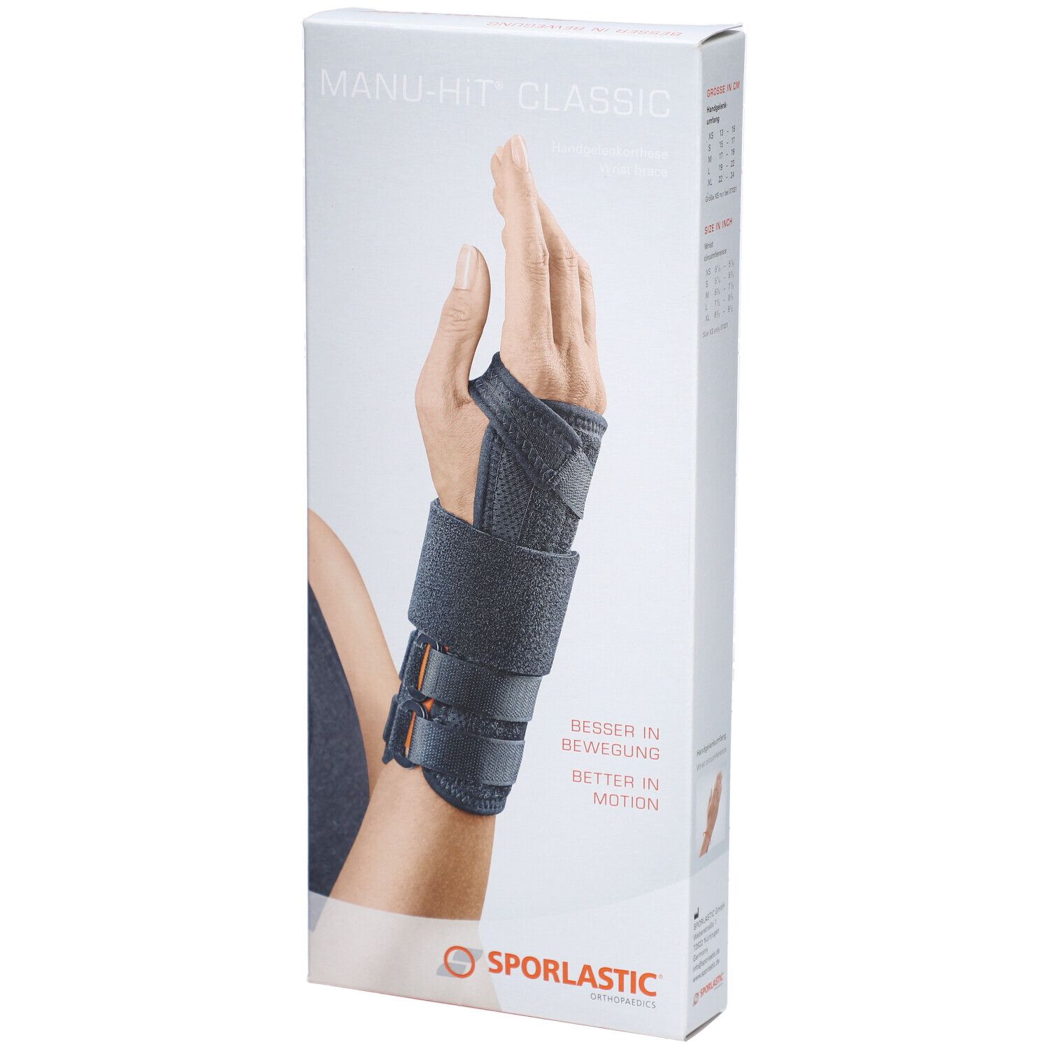 Orthèse de poignet MANU-HiT® dans son emballage. Orthèse sur le poignet d'une personne. Inscription : Mieux en mouvement. Marque : SPORLASTIC.