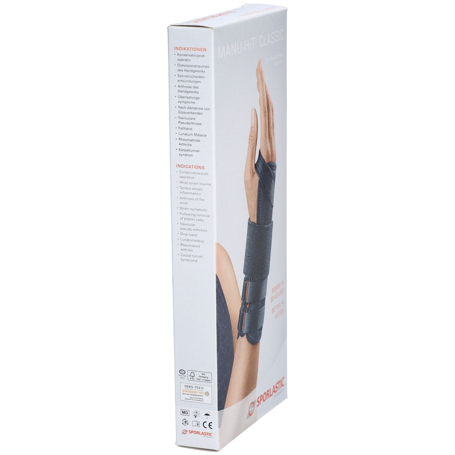 Emballage de l'orthèse de poignet MANU-HiT®. Vue latérale avec informations sur le produit et marque SPORLASTIC. Texte : Aperçu du produit, Indications.