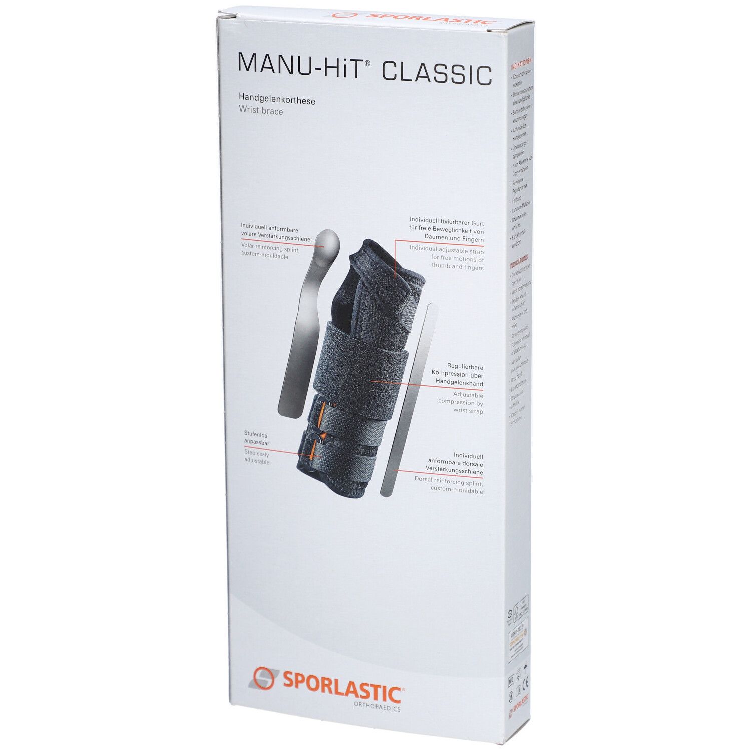 Emballage de l'orthèse de poignet MANU-HiT®. Produit et composants illustrés. Texte : Orthèse de poignet, Wrist Brace. Marque : SPORLASTIC.
