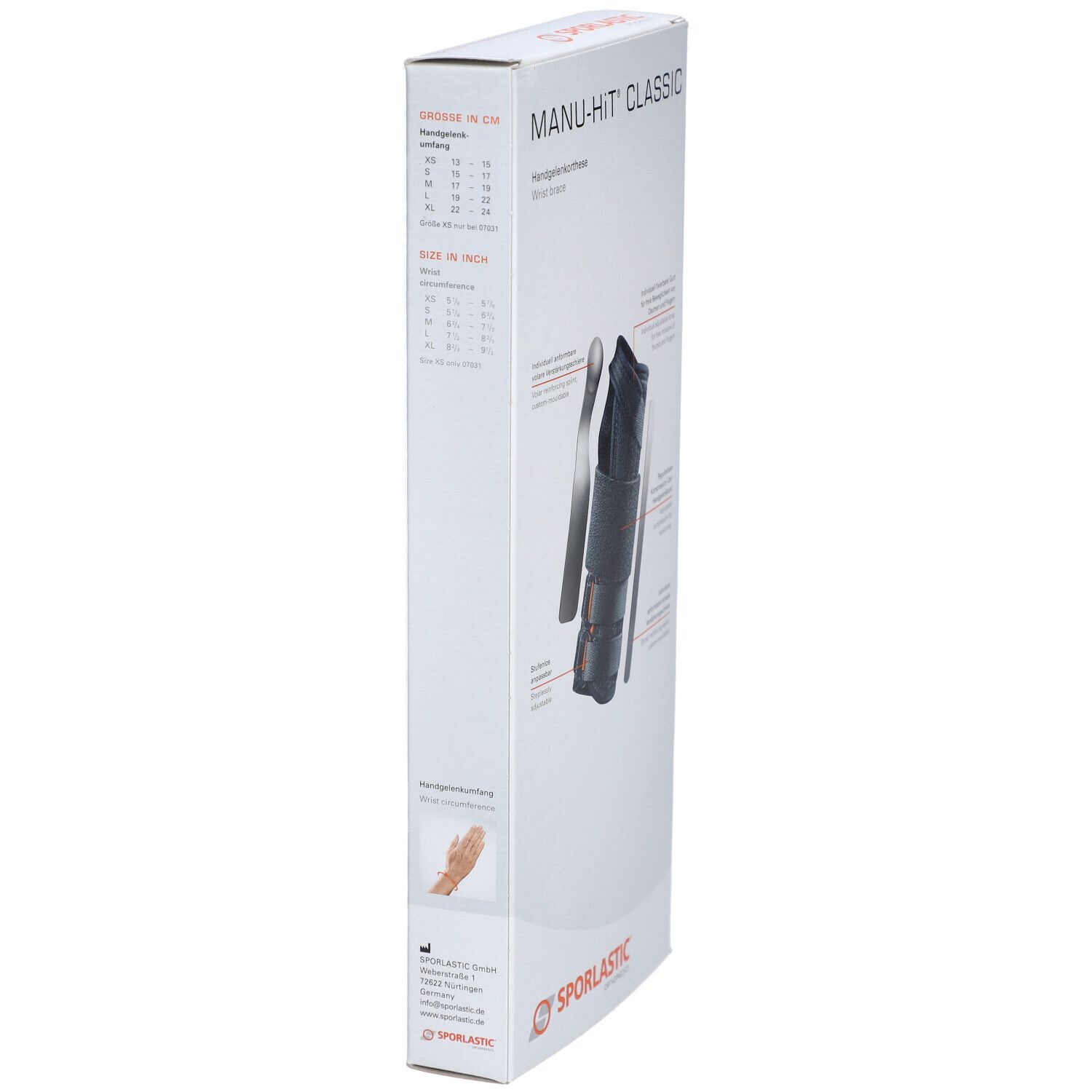 Emballage de l'orthèse de poignet MANU-HiT®. Vue latérale avec indications de taille. Marque : SPORLASTIC. Texte : MANU-HiT CLASSIC.