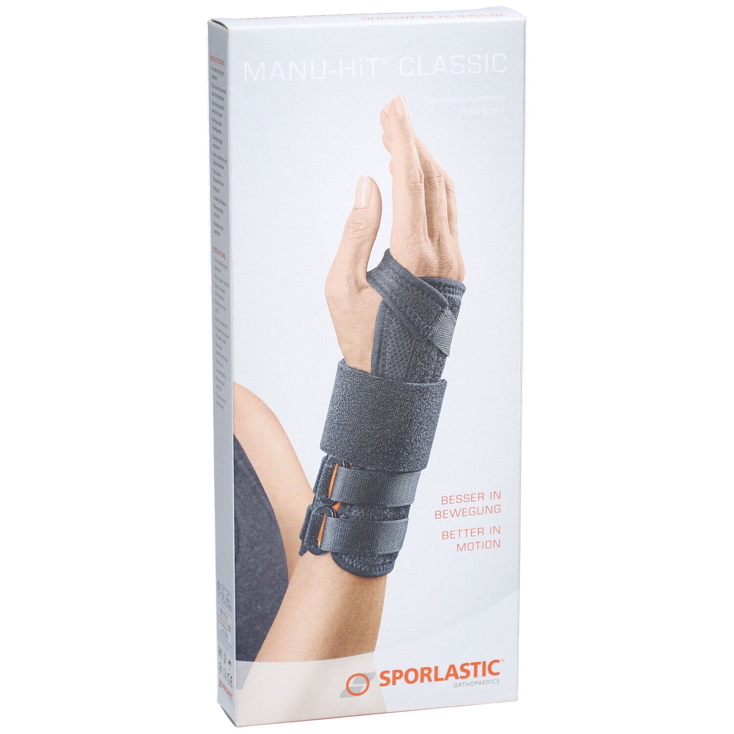 Orthèse de poignet MANU-HiT® dans son emballage. Orthèse sur le poignet d'une personne. Inscription : Mieux en mouvement. Marque : SPORLASTIC.