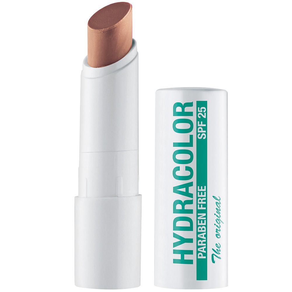 Stick de soin des lèvres ouvert. Boîtier blanc, rouge à lèvres beige nude visible. Texte: HYDRACOLOR, SPF 25.