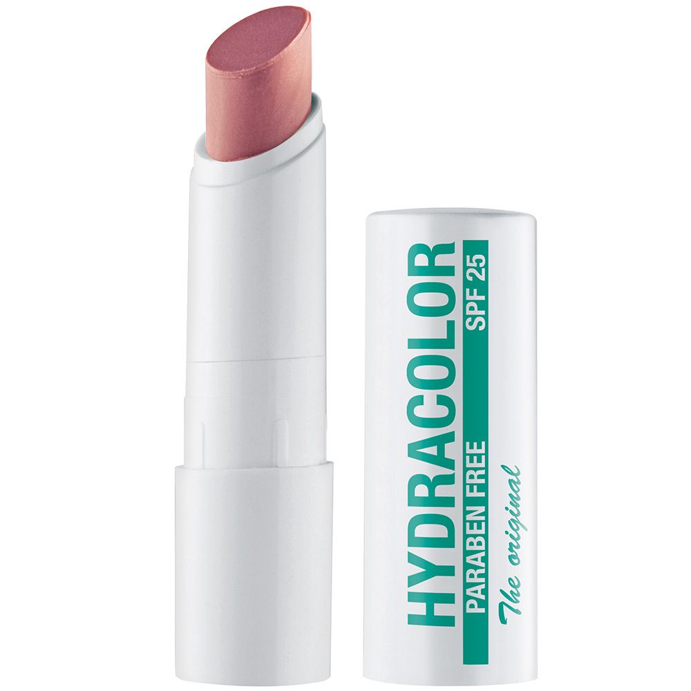 Stick à lèvres rose. Bâton blanc avec inscription HYDRACOLOR, PARABEN FREE, SPF 25.