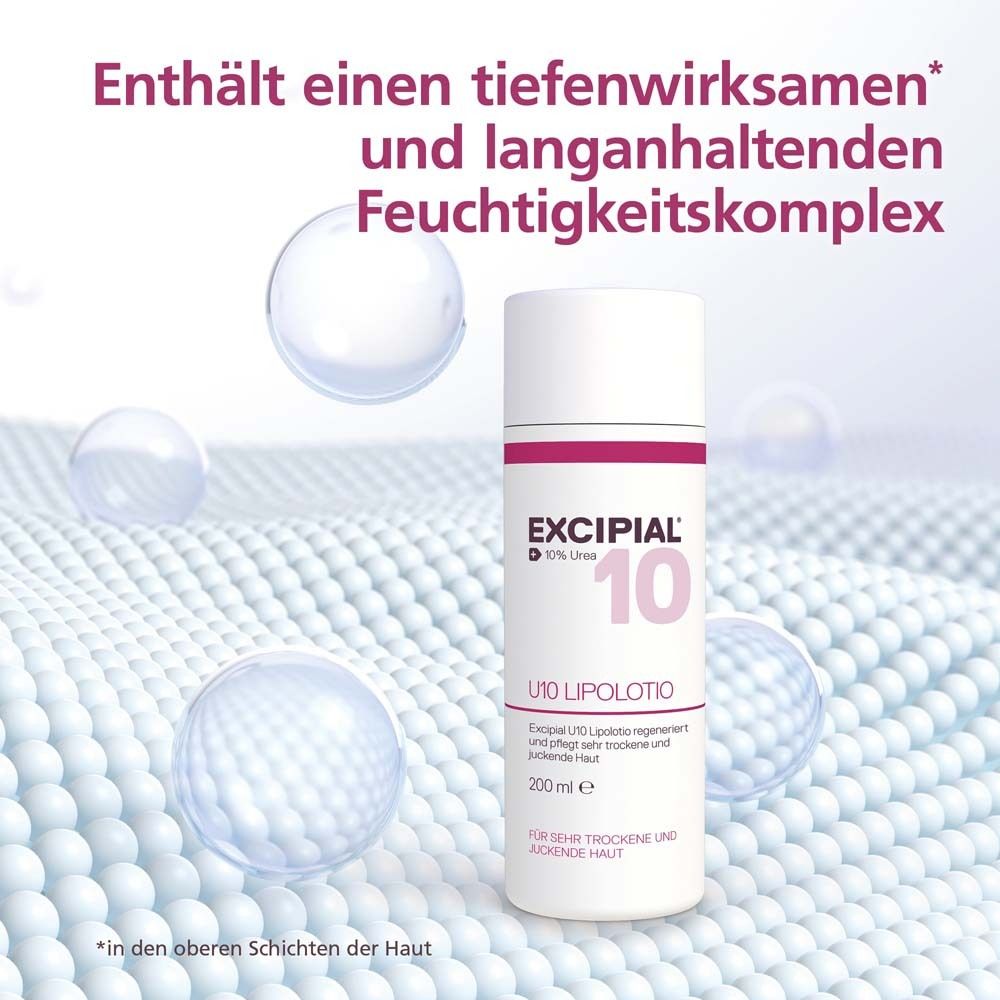 Flacon Excipial U10 Lipolotio. Texte: Contient un complexe hydratant en profondeur.