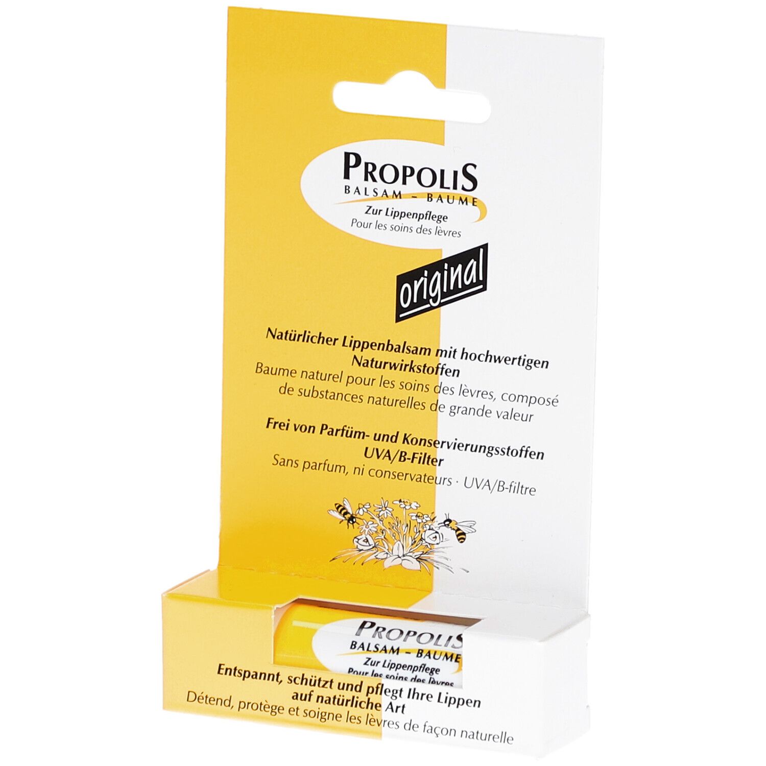 Emballage de Propolis Balsam. Boîte jaune et blanche avec informations et le mot "original".