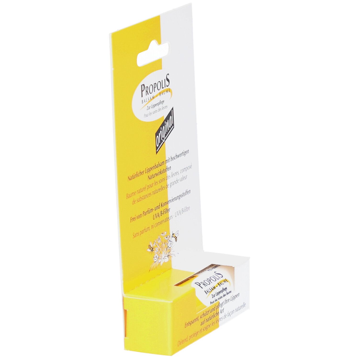 Emballage de Propolis Balsam en biais. Boîte jaune et blanche avec informations et "original".