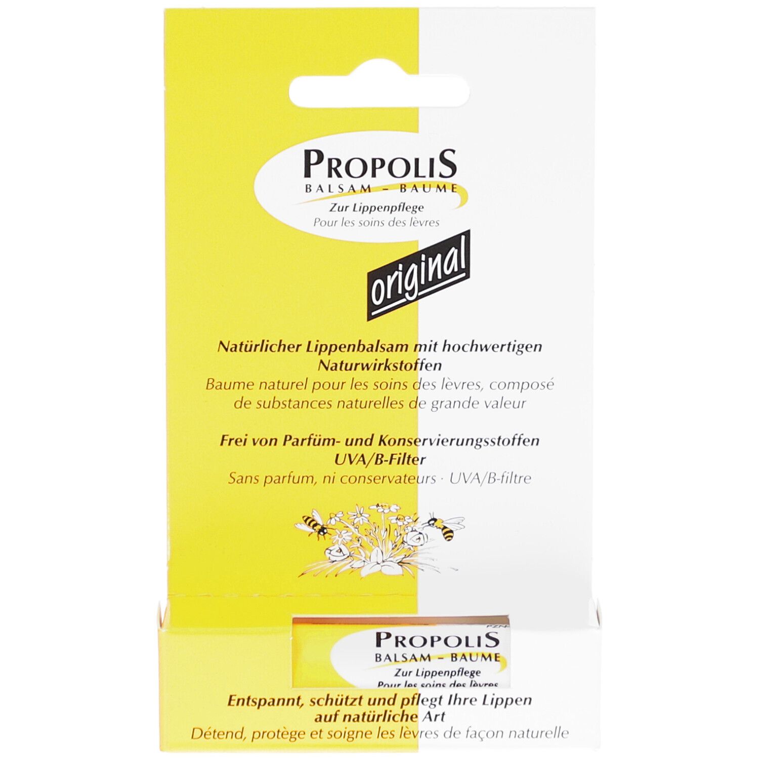 Emballage de Propolis Balsam. Boîte jaune et blanche avec informations et le mot "original".
