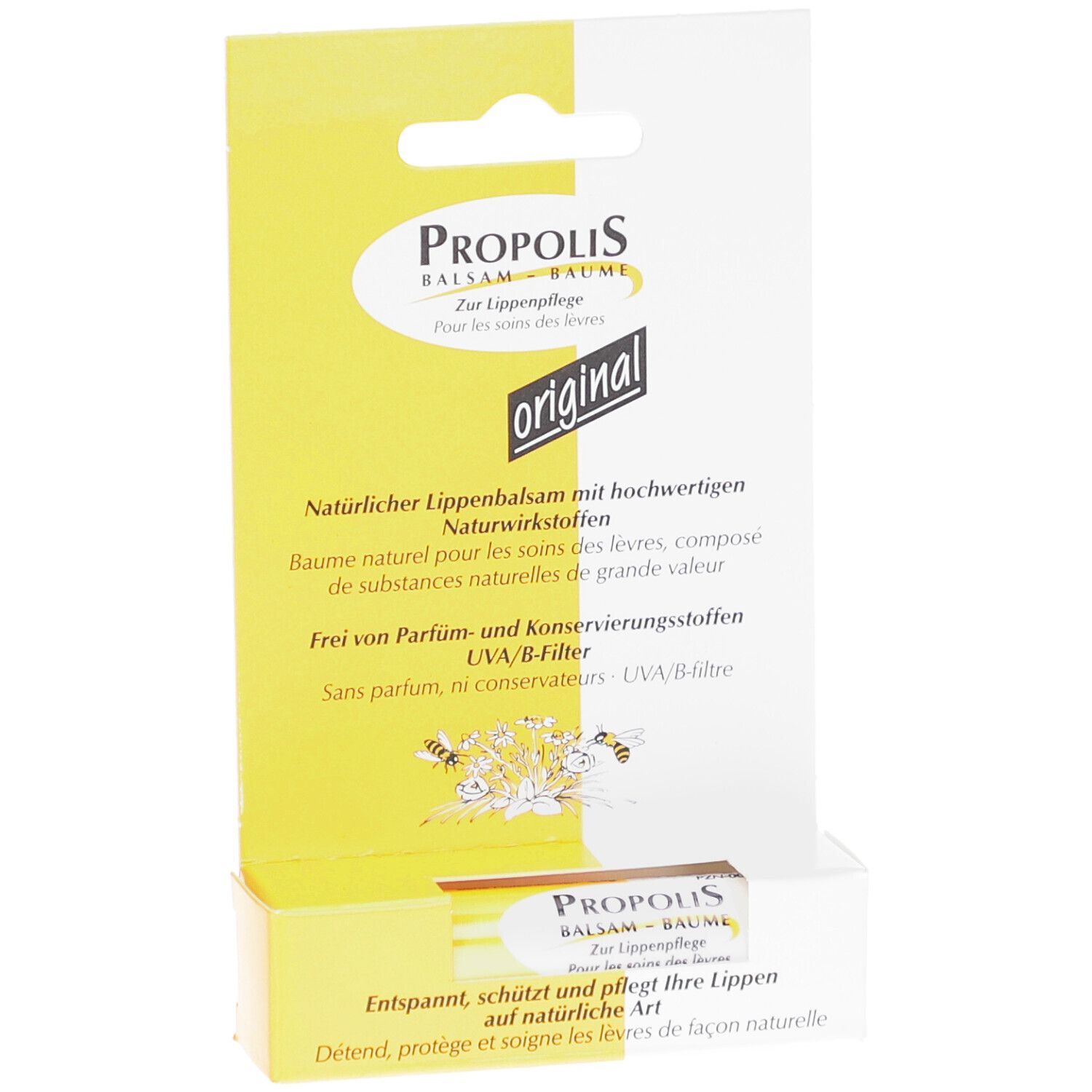 Emballage de Propolis Balsam. Boîte jaune et blanche avec informations et le mot "original".
