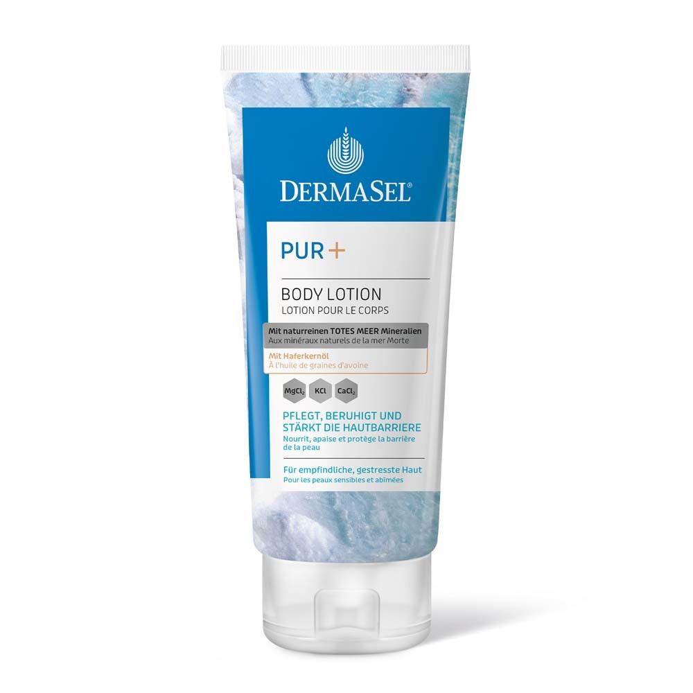 Witte tube met blauwe tekst. Bevat bodylotion. Merk: DermaSel® PUR+.
