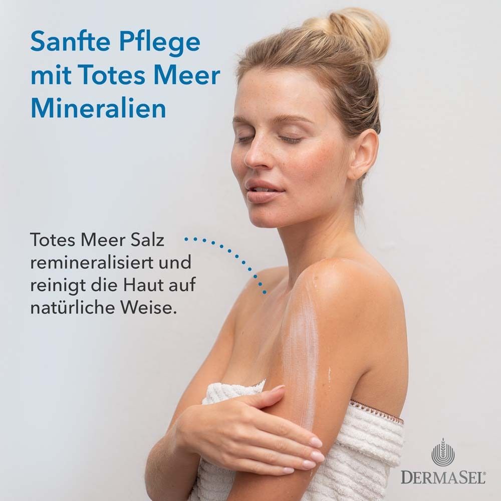 Vrouw brengt lotion aan. Tekst: Zachte verzorging met Dode Zee mineralen. Remineraliseert.