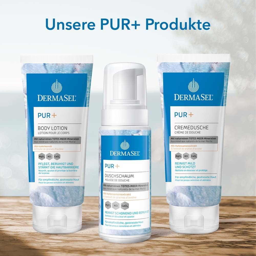Drie producten: Bodylotion, doucheschuim, douchecrème. Merk: DermaSel® PUR+.