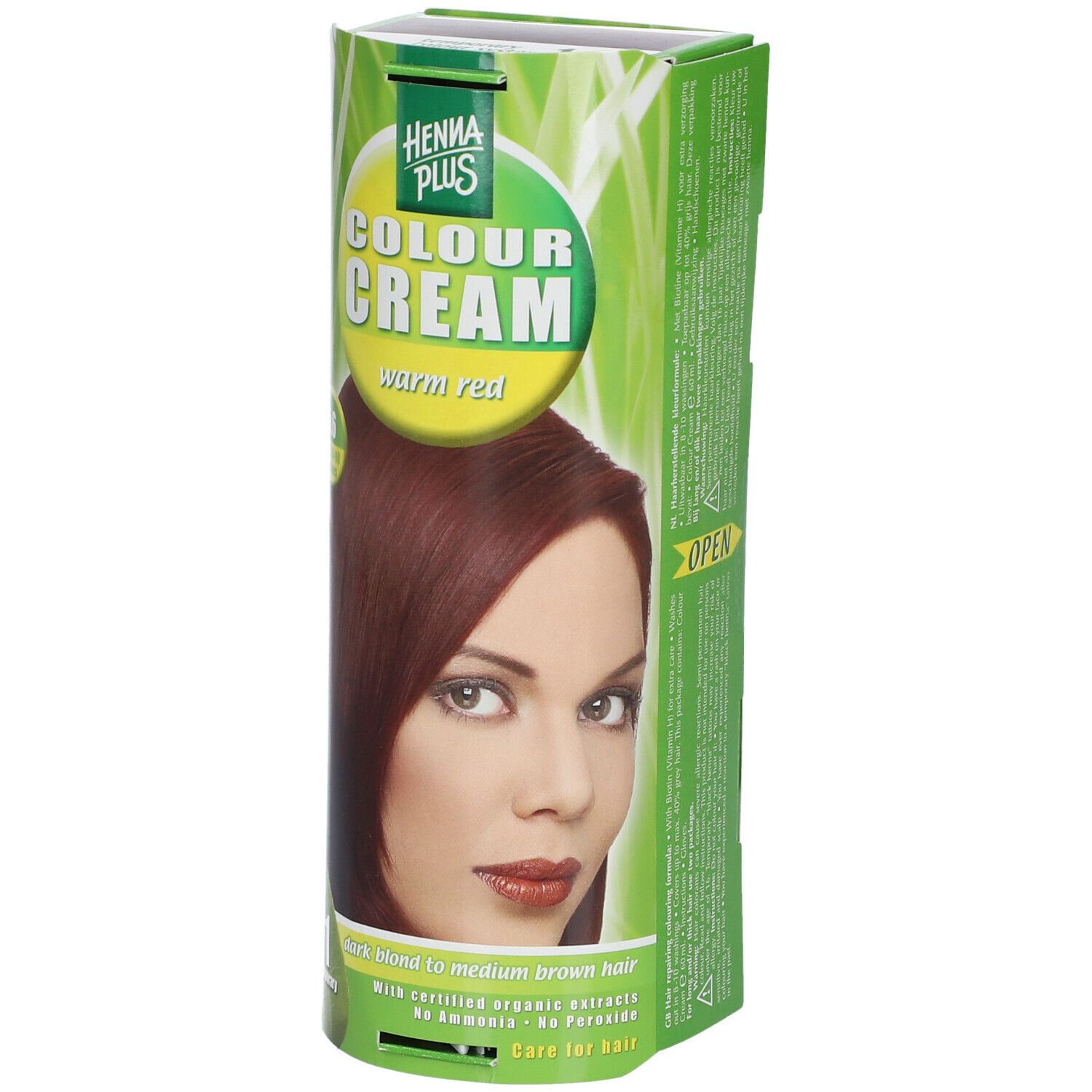Verpakking Hennaplus Colour Cream Warm Red 5,6. Vrouw met roodbruin haar. Groen-gele verpakking met productnaam.