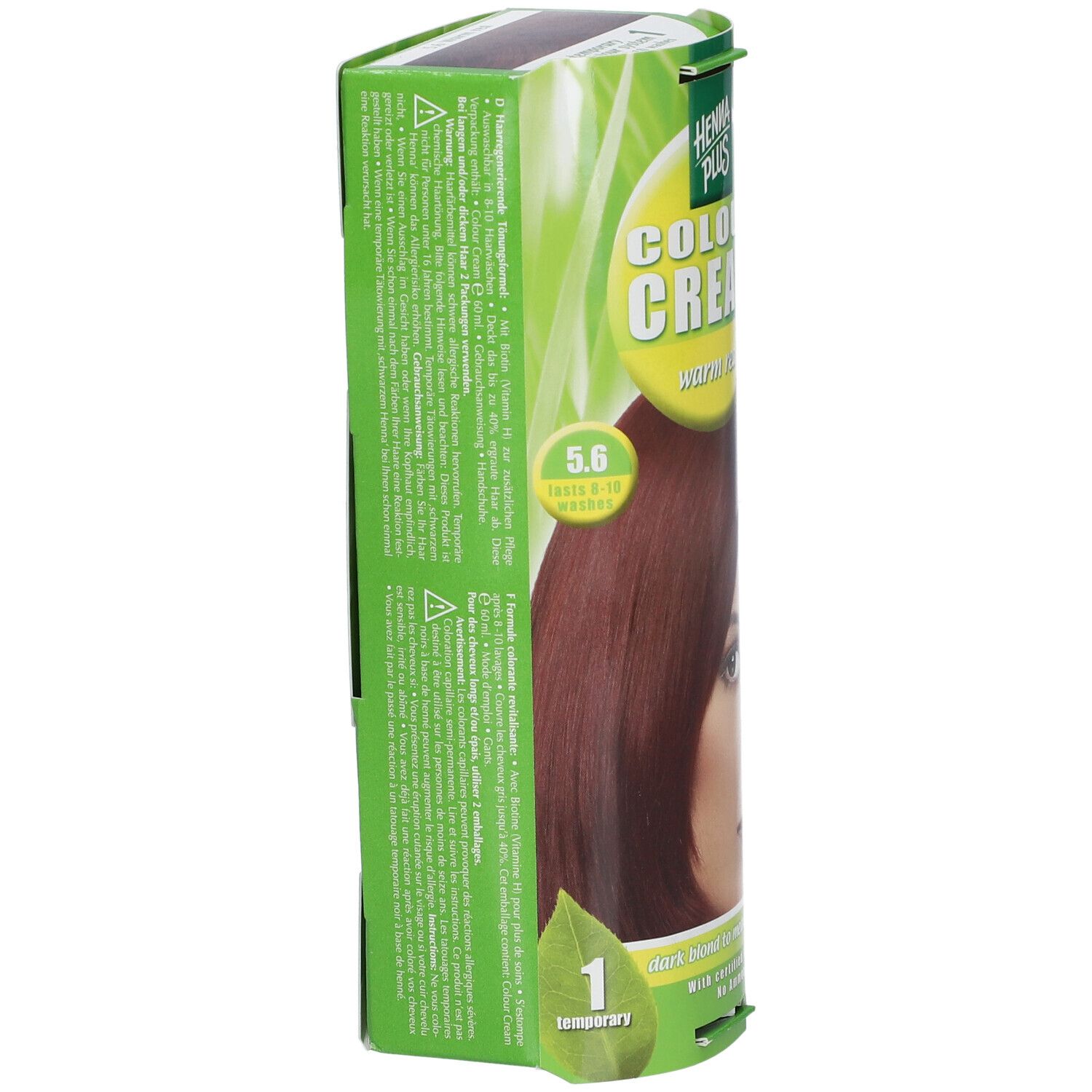 Verpakking Hennaplus Colour Cream Warm Red 5,6. Zijkant met productinfo en kleurnummer 5,6. Groen-gele verpakking.
