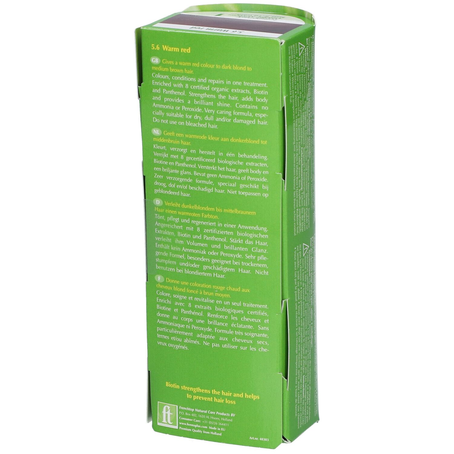 Achterkant van de Hennaplus Colour Cream Warm Red 5,6 verpakking. Tekst in meerdere talen. Groen-gele verpakking.