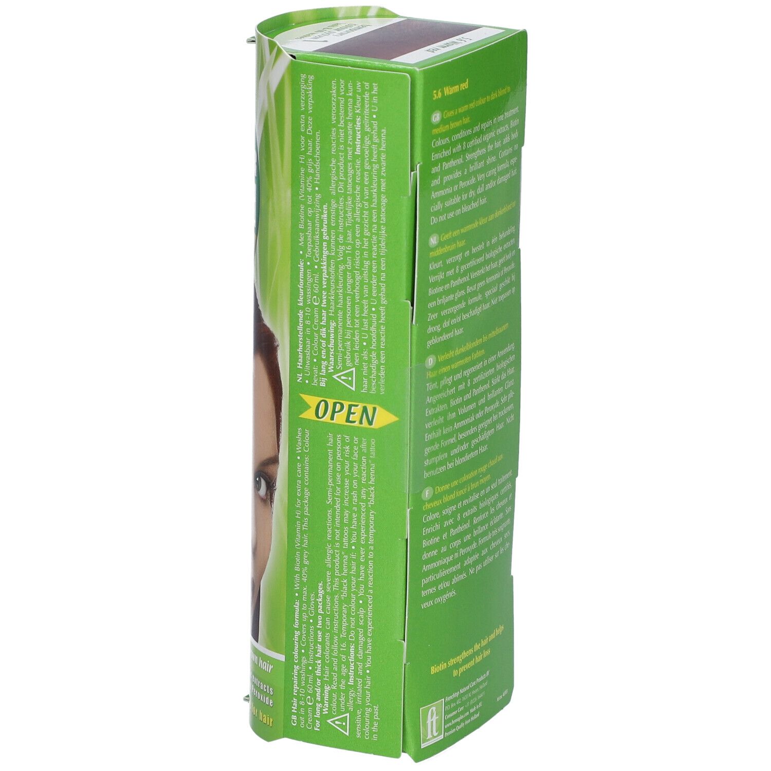 Zijkant van de Hennaplus Colour Cream Warm Red 5,6 verpakking. Tekst en pijl 'OPEN'. Groen-gele verpakking.