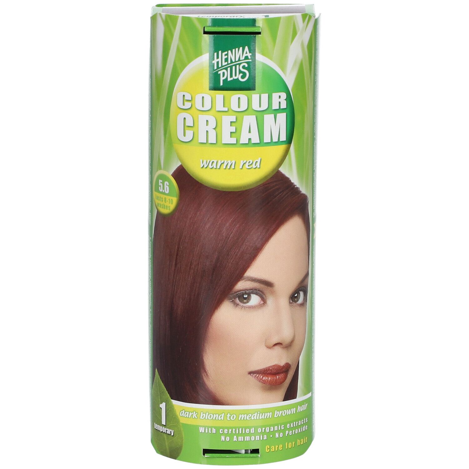 Verpakking Hennaplus Colour Cream Warm Red 5,6. Vrouw met roodbruin haar. Groen-gele verpakking met productnaam.