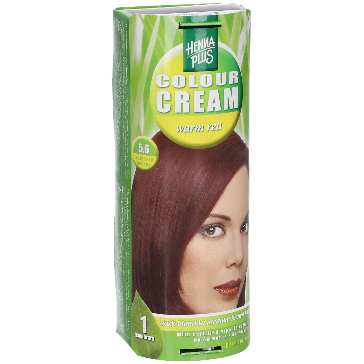 Verpakking Hennaplus Colour Cream Warm Red 5,6. Vrouw met roodbruin haar. Groen-gele verpakking met productnaam.