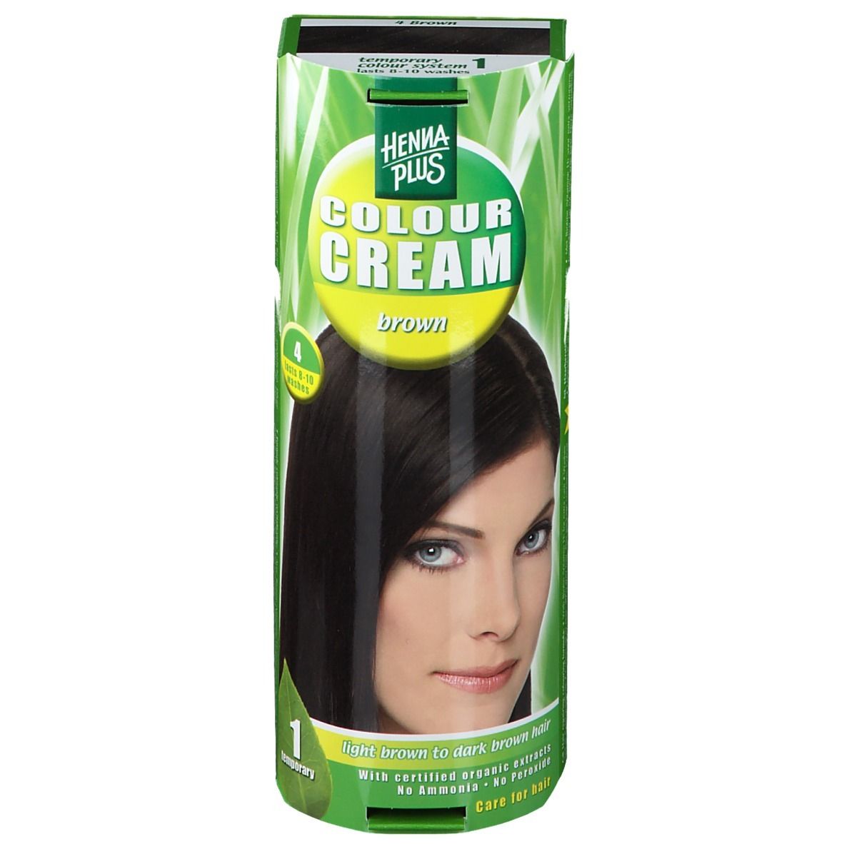Hennaplus Colour Cream Brown 4. Emballage avec image du produit et modèle. Emballage vert et blanc avec le nom du produit.