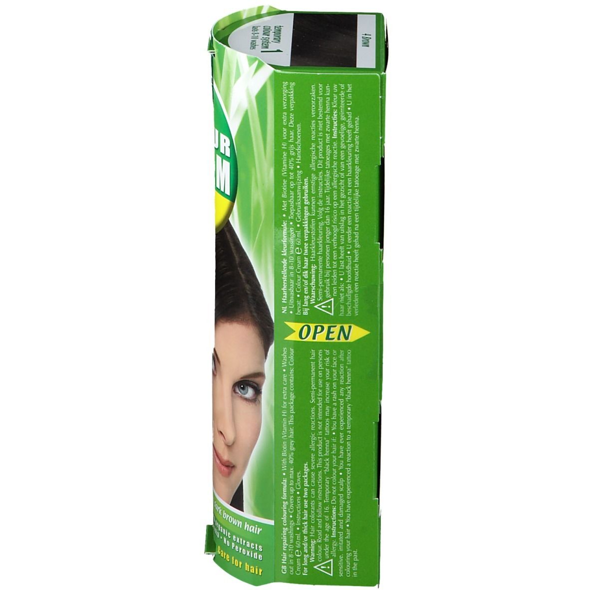 Hennaplus Colour Cream Brown 4. Vue latérale de l'emballage. Texte et image du produit. Emballage vert et blanc.