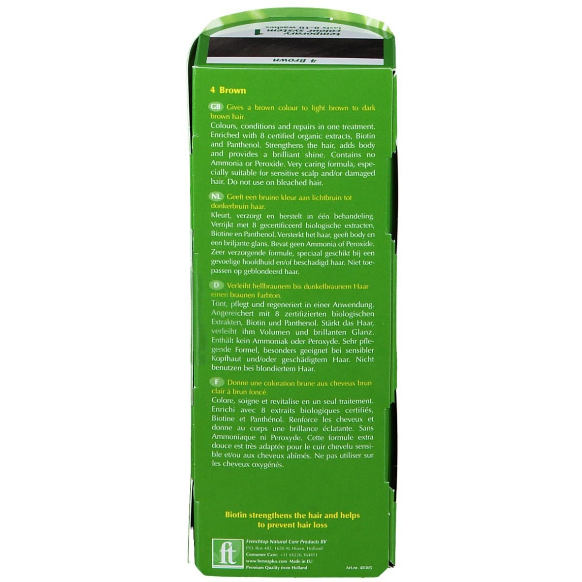 Hennaplus Colour Cream Brown 4. Dos de l'emballage. Texte en plusieurs langues. Emballage vert et blanc.