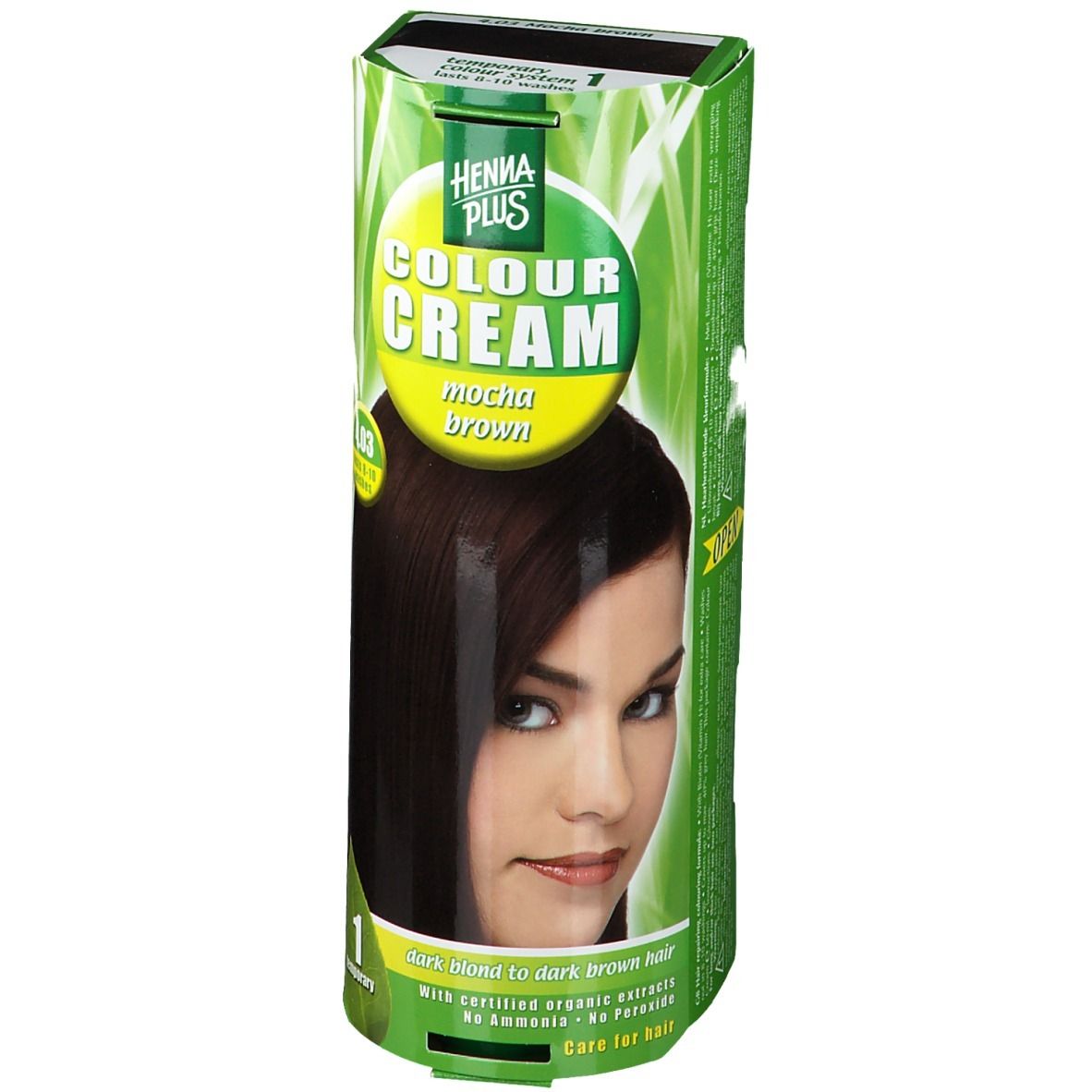 Hennaplus Colour Cream Mocha Brown 4.03. Boîte verte et jaune avec image d'une femme aux cheveux bruns. Inscription en anglais.