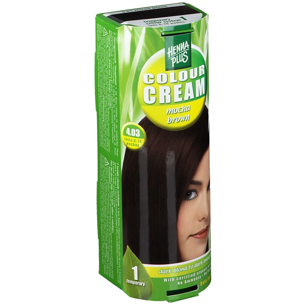 Hennaplus Colour Cream Mocha Brown 4.03. Boîte verte et jaune avec image d'une femme aux cheveux bruns. Inscription en anglais.