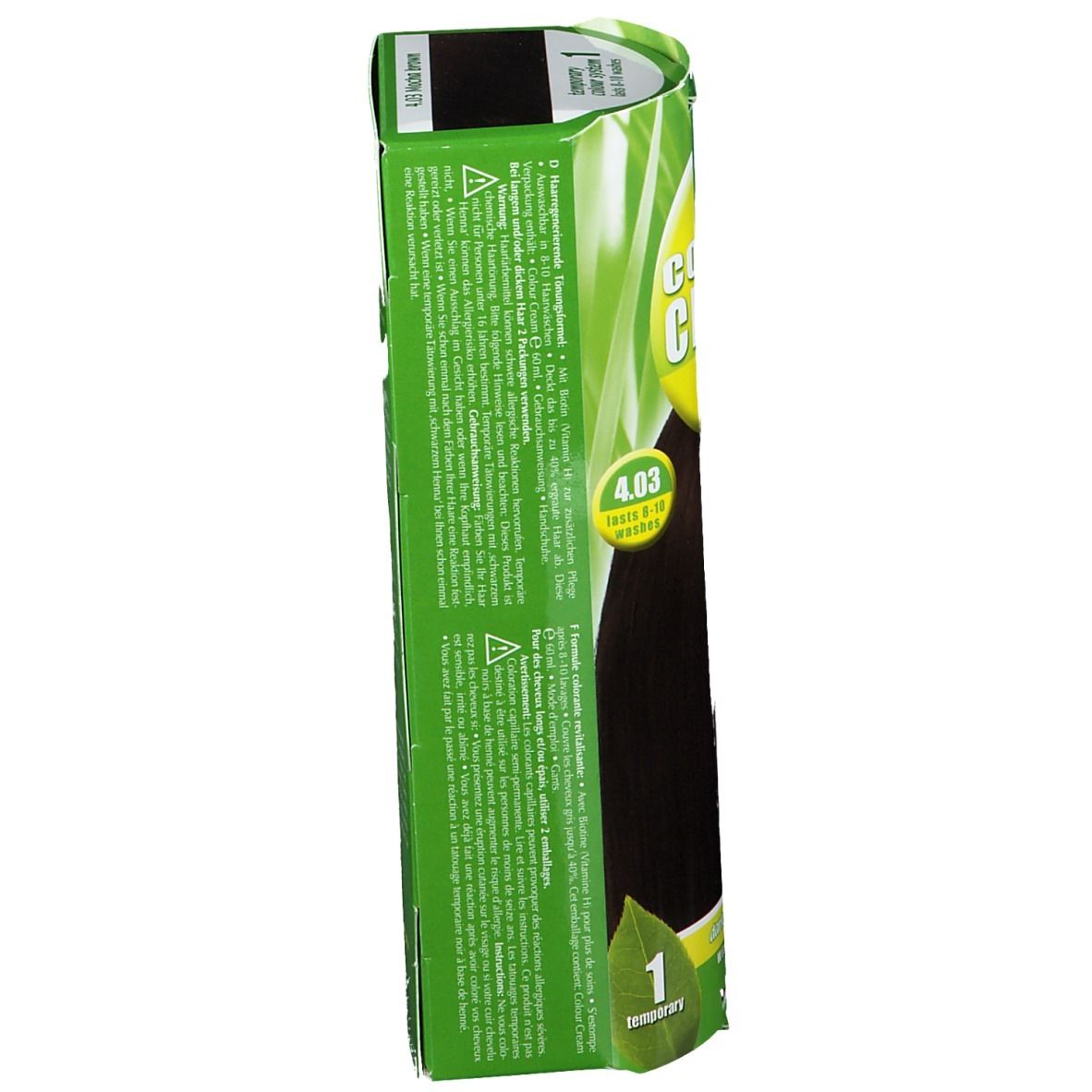 Hennaplus Colour Cream, vue latérale de la boîte. Vert avec texte. Informations sur le produit et ingrédients.