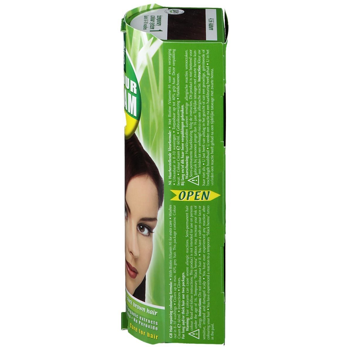 Côté de l'emballage Hennaplus Colour Cream. Texte multilingue. Design vert et jaune. Nom du produit et informations.