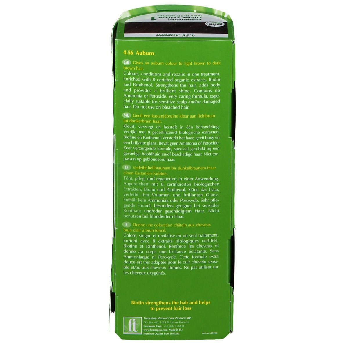 Dos de l'emballage Hennaplus Colour Cream. Texte multilingue. Design vert et jaune. Informations sur le produit.