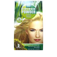Emballage Hennaplus Colour Powder Golden Blond. Inscription: 3, 50 Golden Blond, femme blonde.