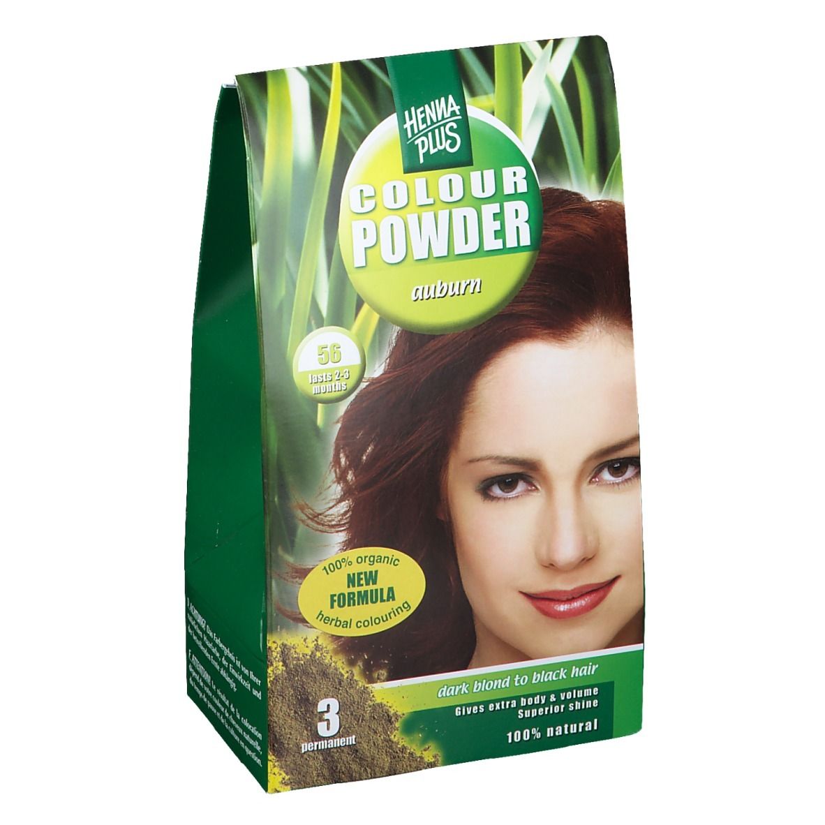 Emballage Hennaplus Colour Powder Auburn 56. Design vert et blanc avec image et texte. 100% naturel.