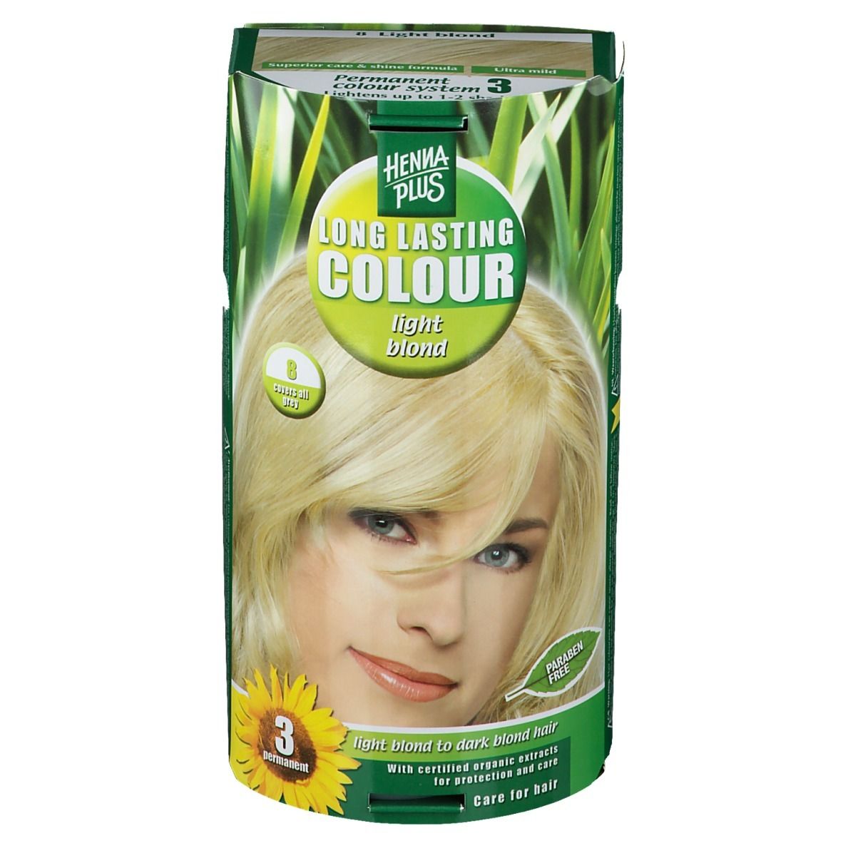 Emballage Hennaplus Long Lasting Colour, nuance 8, blond clair. Image d'une femme aux cheveux blonds.
