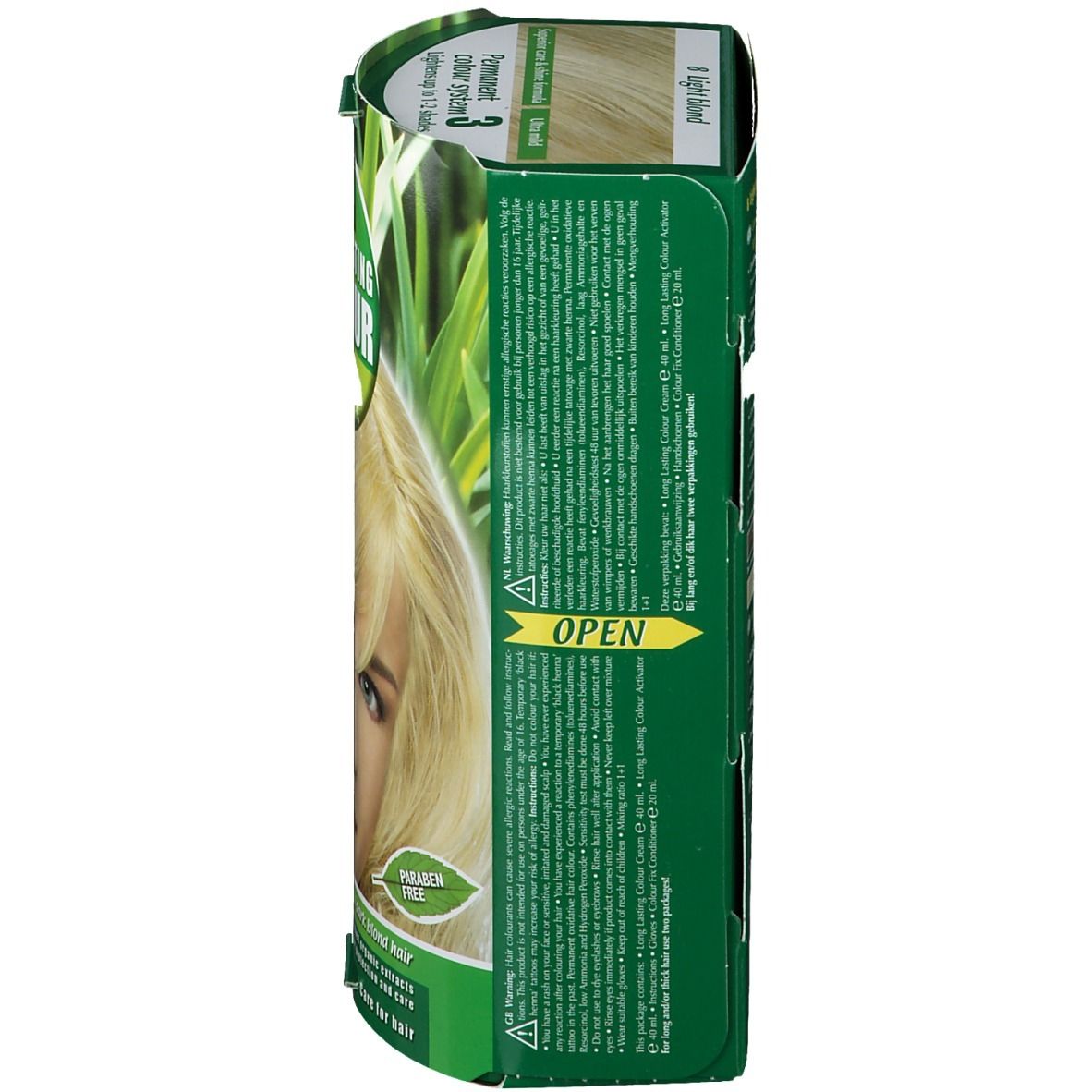 Côté de l'emballage Hennaplus Long Lasting Colour. Texte et image d'une femme aux cheveux blonds.