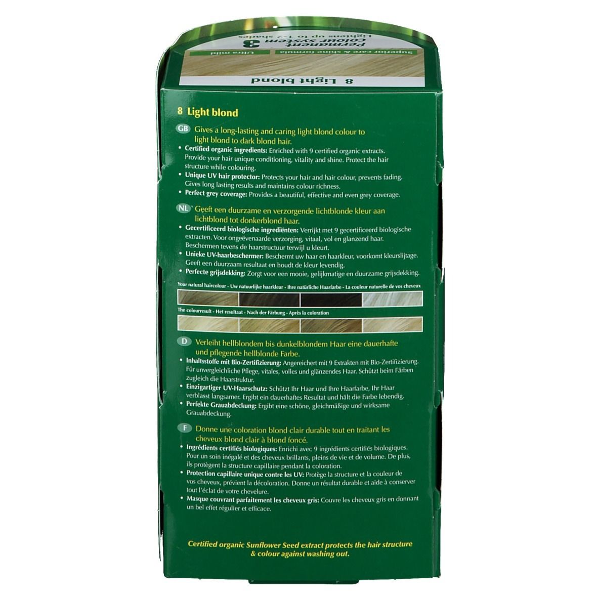Dos de l'emballage Hennaplus Long Lasting Colour. Texte en plusieurs langues, exemples de couleurs.
